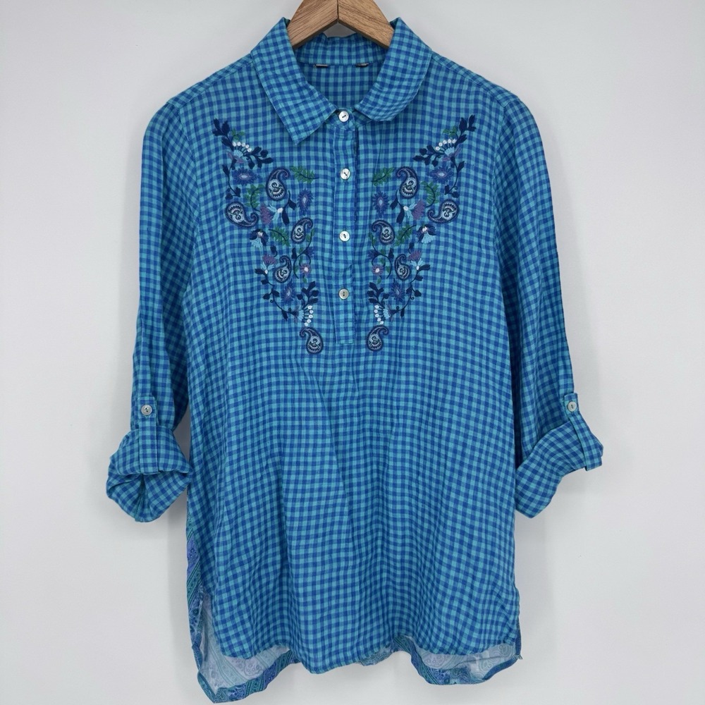 Multiples Embroidered Gingham Tunic Top Blue Teal Boho Cottagecore Lagenlook M